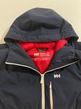 Helly Hansen Navy Jacket with Red Hood Lining and White Accents